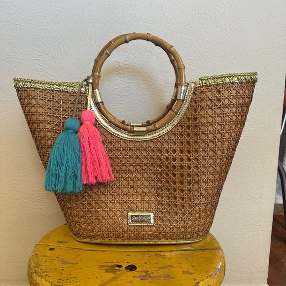 Lilly Pulitzer Grotto Cane Wicker Tote Purse Woven Natural Beach - Picture 3 of 12